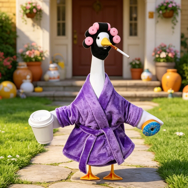 TEMU 5pcs Set Purple Robe Porch Goose Costume Outfit, Suitable For 23-inch Statue Goose Decoration, Includes Purple Robe, Fake Curly Wig Headpiece,