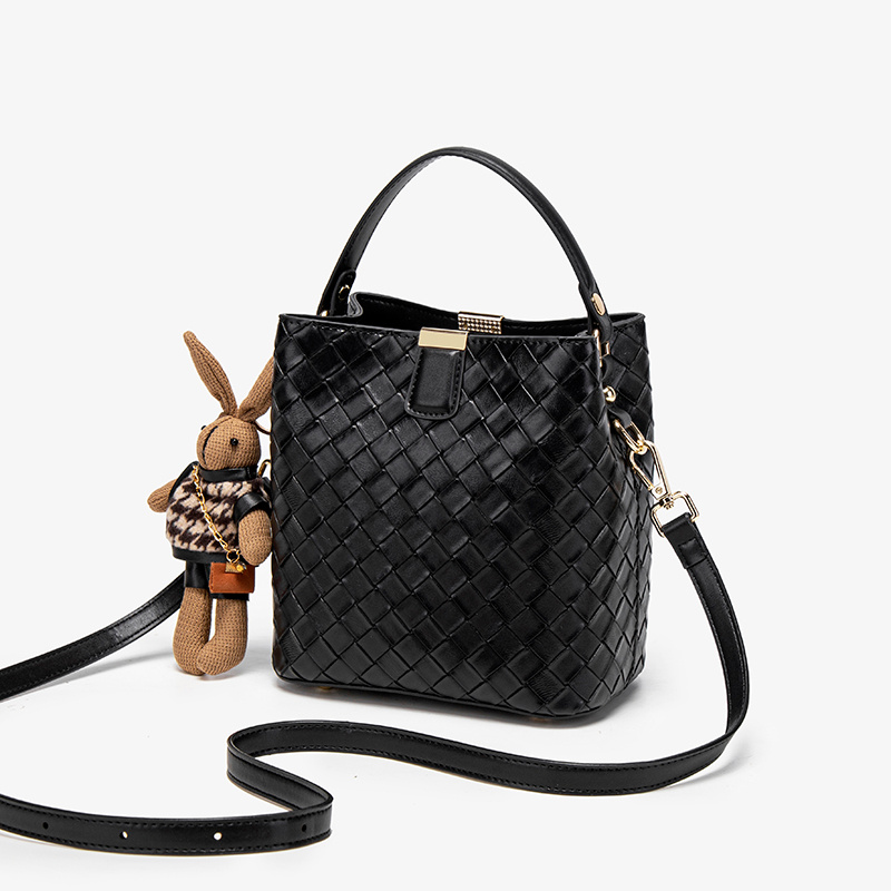 Image of Women' Black Woven Bucket Bag With Knitted Rabbit Pendant - / Crossbody Handbag, Rabbit Suitable For Daily Use,,, Travel, Closure & Top Handle Purse, Versatile Small Bag