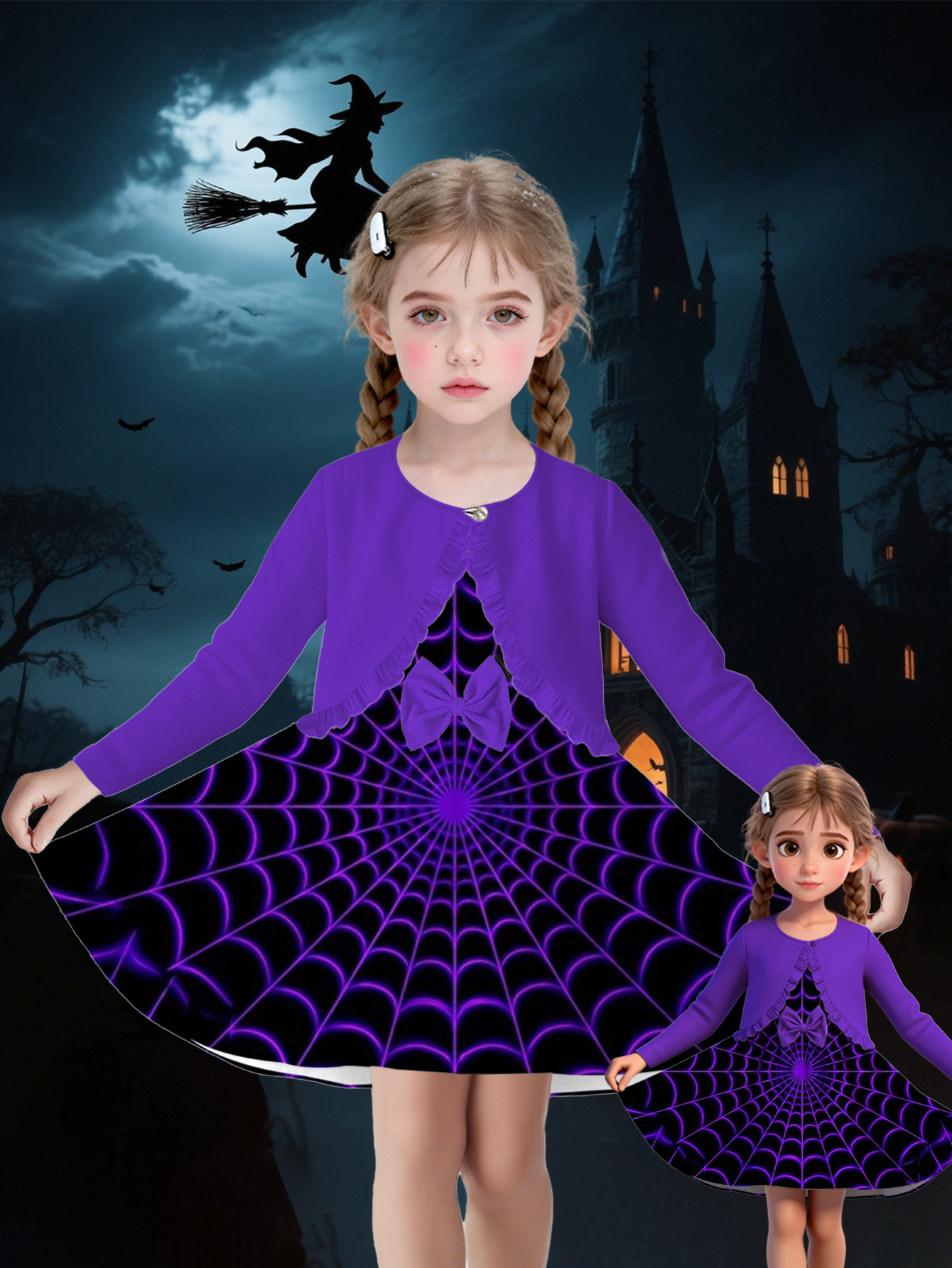 item picture halloween     girls cardigan and bow dress set purple spiderweb pattern stylish comfortable cool and fantasy themed suitable as a halloween   holiday gift birthday gift party outfit and essential