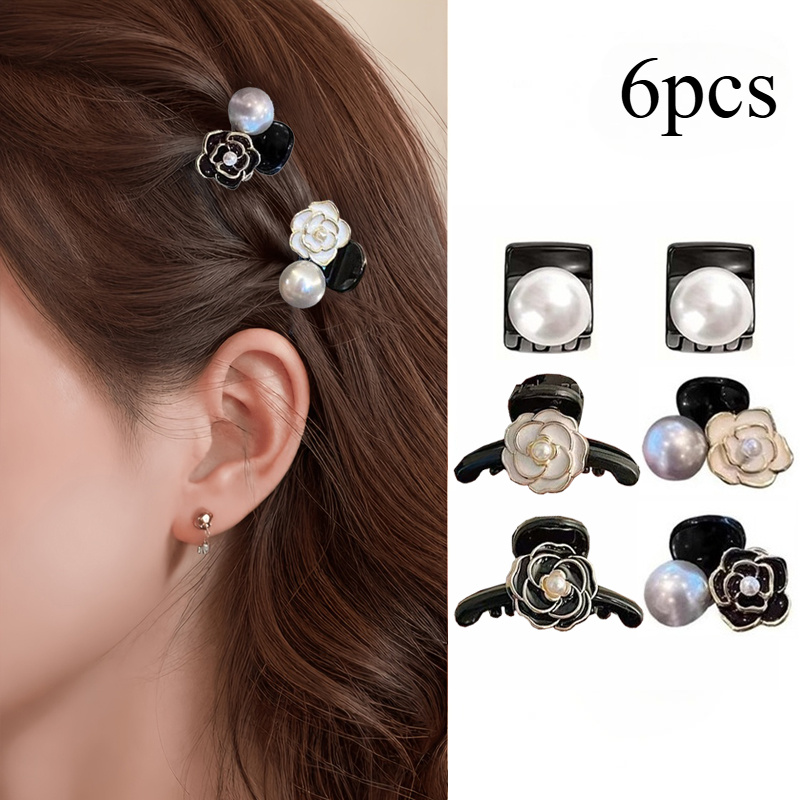 TEMU 6pcs New Retro Camellia Beads Cute Little Grab Clip, Women's High-end Bangs Clip Side Clip, Fashion Hairpin Headgear, Suitable For Daily,