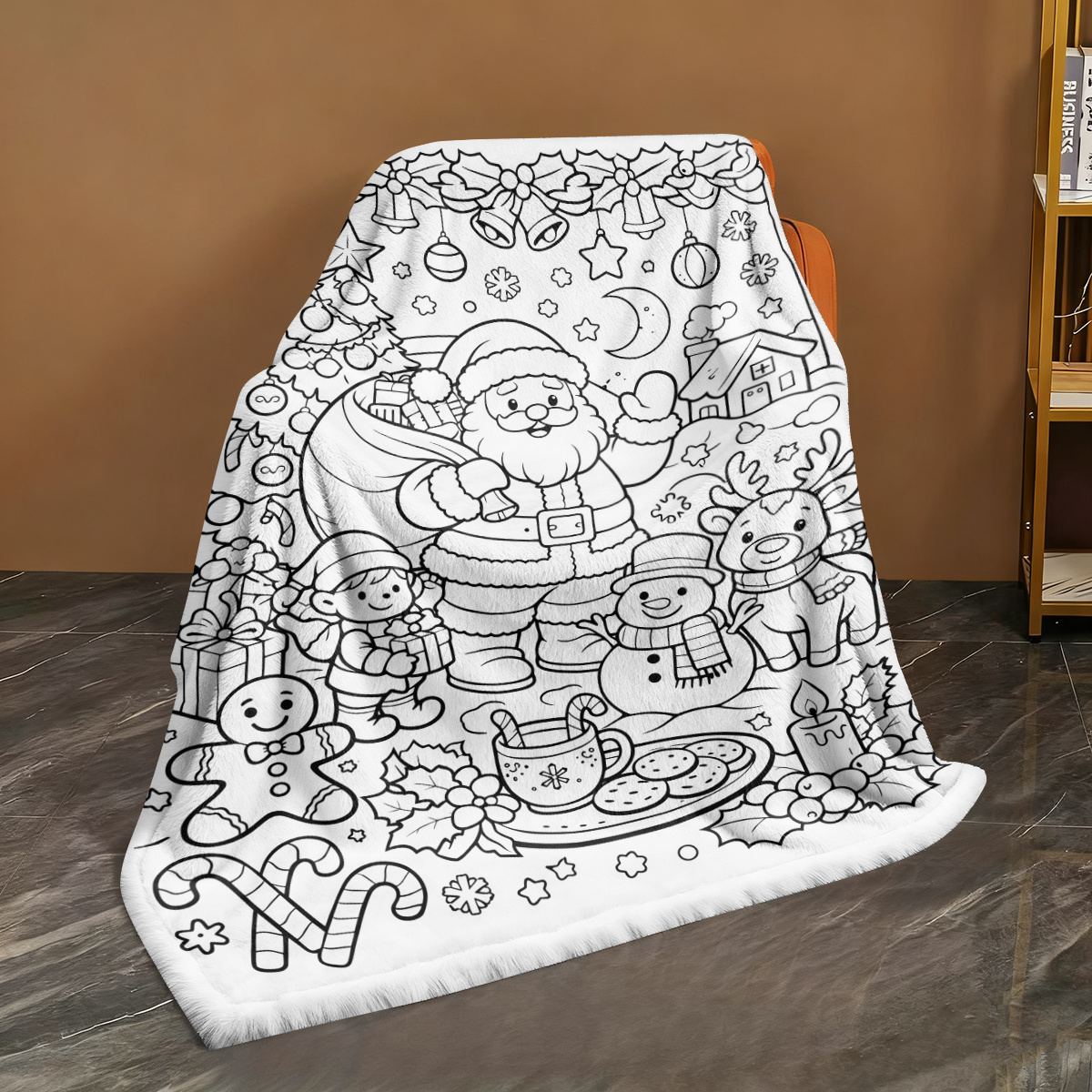 TEMU Christmas 1pc Stress-relief Coloring Santa Claus Snowman Reindeer Line Art Flannel Throw Blanket, Adult Mindfulness Meditation Coloring Nap