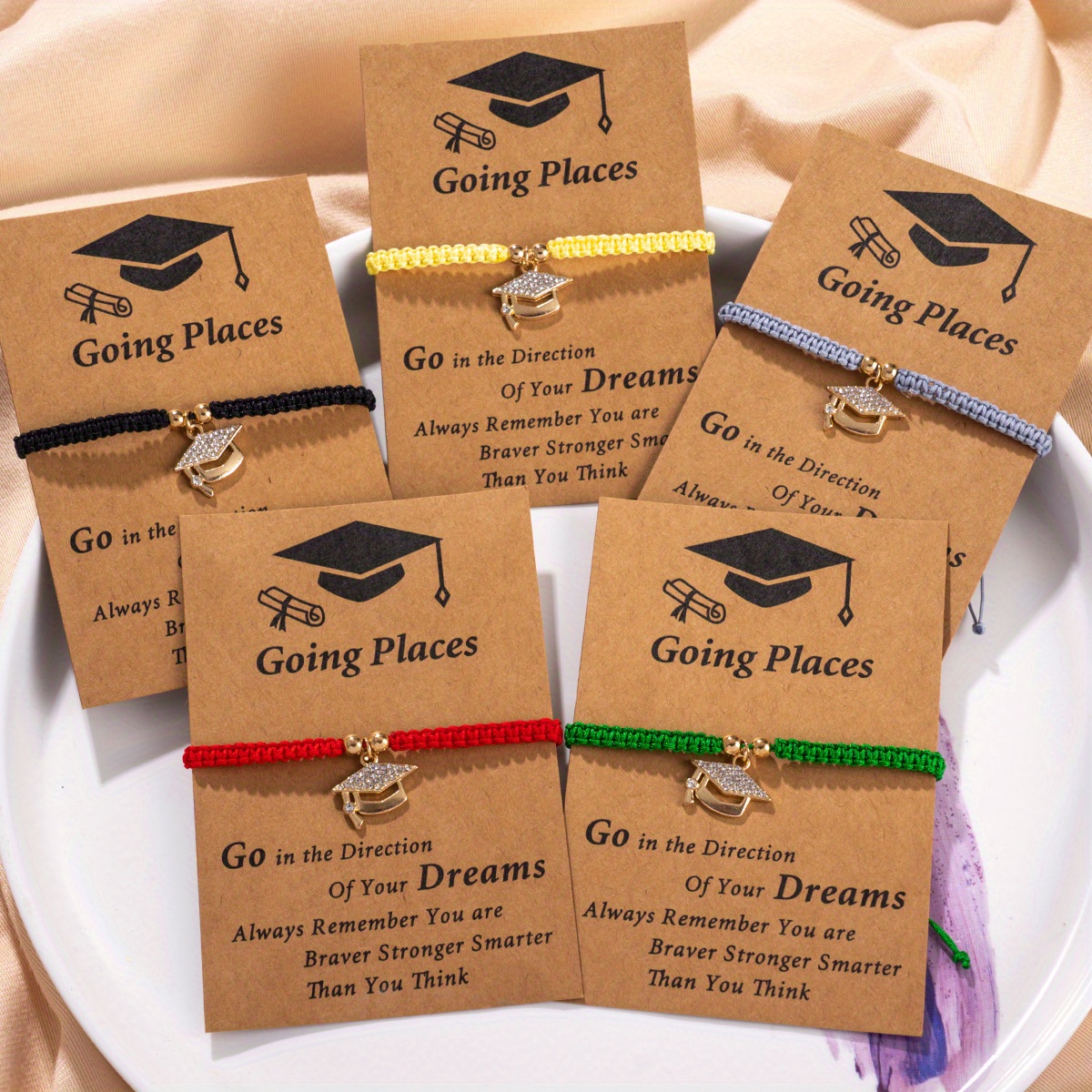 TEMU Juego de 5 piezas de pulseras de recuerdo inspiradoras de piezas con cordón de tejido colorido y ajustable para de graduación/bienvenida, regalo