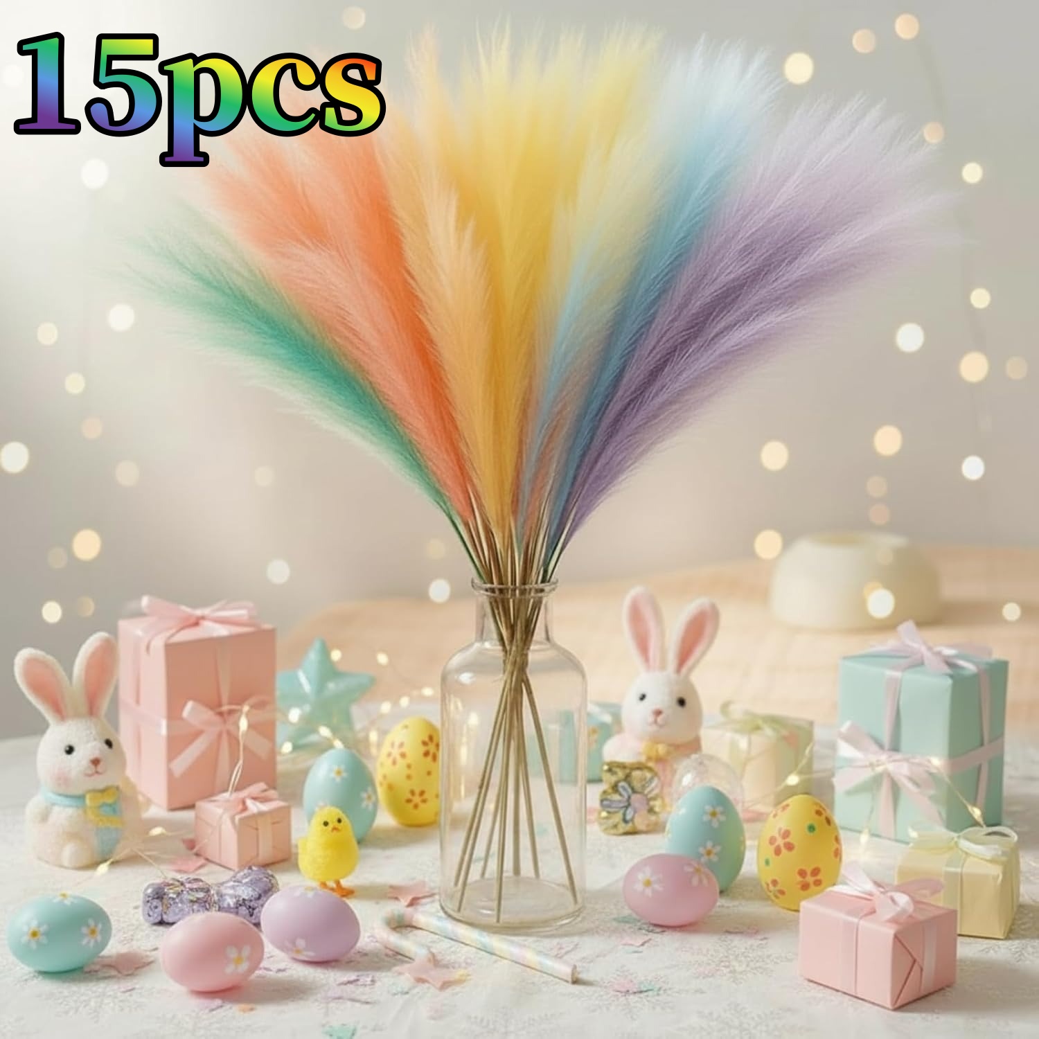 Image of 15pcs Rainbow-colored Artificial Pampas Grass | Ideal For Wedding Decor, Table Centerpieces, Easter, And Home Decor, 21.65 Inches Long