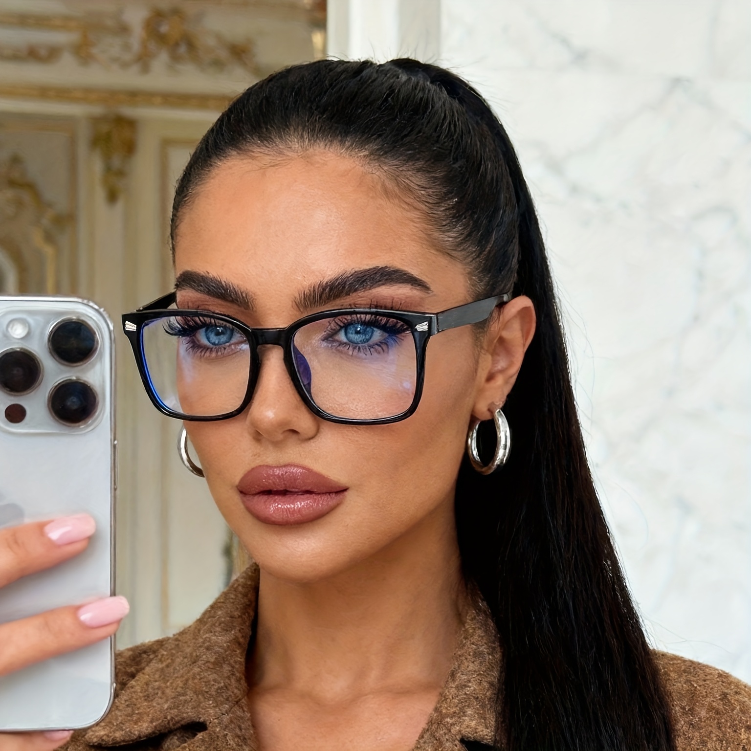Image of 1pc Square Fashionable Women's Transparent Glasses, Black Large Frame Elegant Minimalist Unisex Decorative Eyewear, Suitable For Daily Outfit Accessories, Preppy Style, Shows, And Other Occasions