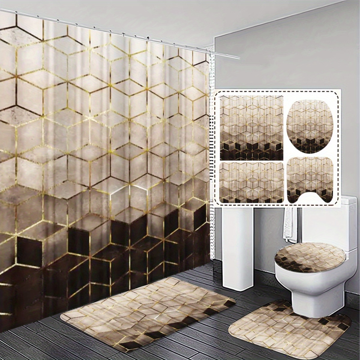 TEMU Ensemble de décoration de salle de bain 2D plat, 4 pièces, rideau de douche géométrique moderne et tapis de salle de bain antidérapants, housse