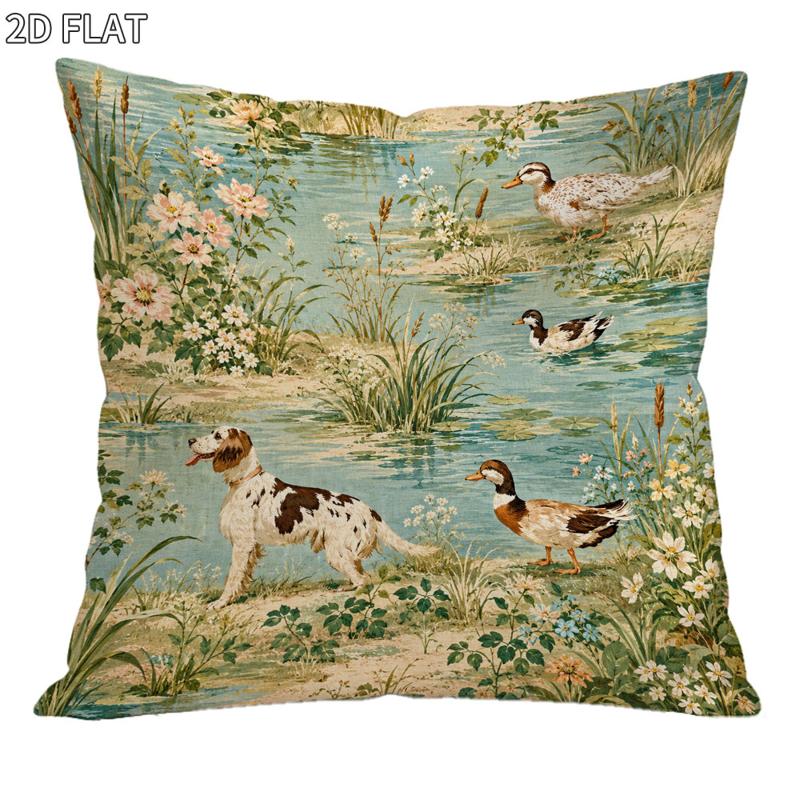 TEMU 18x18 Inch Vintage Pastoral Pillow Cover, 1pc, Soft , Features Dog And Ducks In Countryside Landscape, Ideal For Home Bedroom Decor, Retro Style