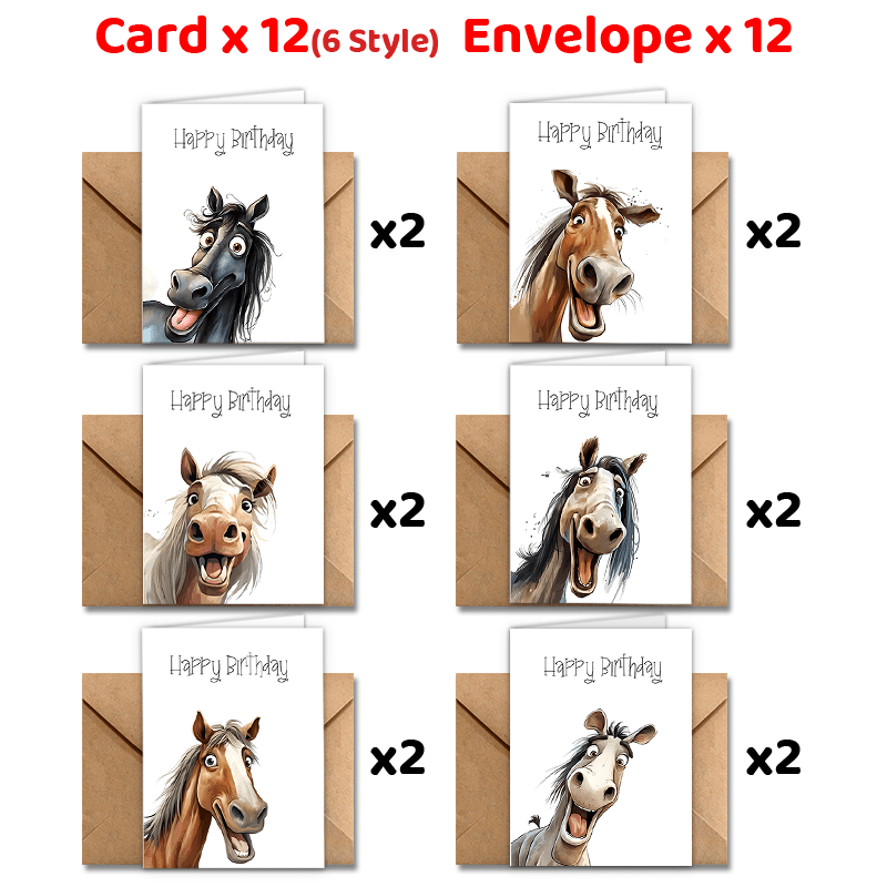 

24pcs Horse Birthday Cards With Envelopes - "" Greeting, Unique & Funny Horse Faces Design, Anyone & Everyone, Includes Thank You & Gift Cards, Funny Birthday Cards