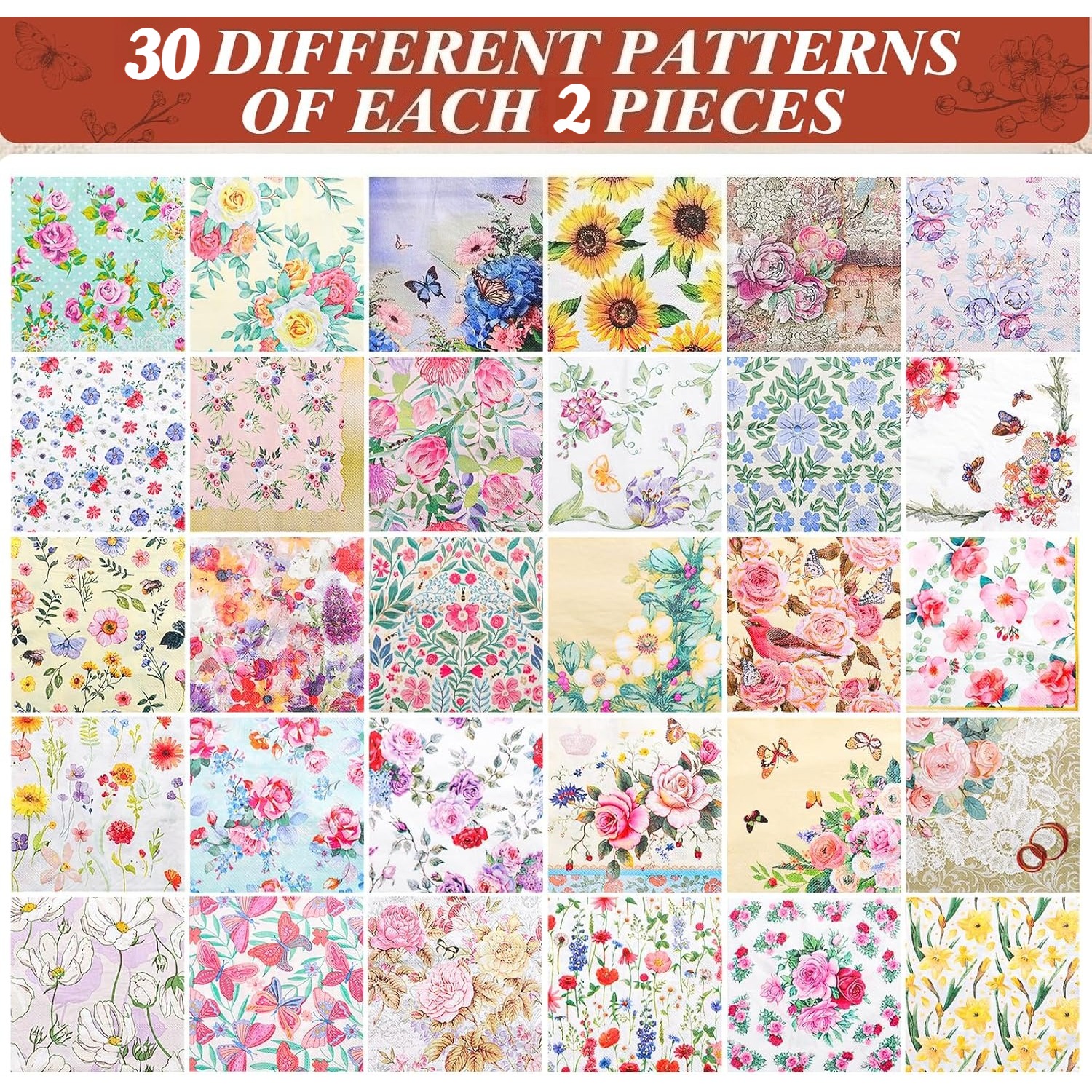 TEMU Lot de 60 serviettes de , 30 styles de serviettes florales, serviette décorative de en toile, serviette florale pour bricolage, fête de