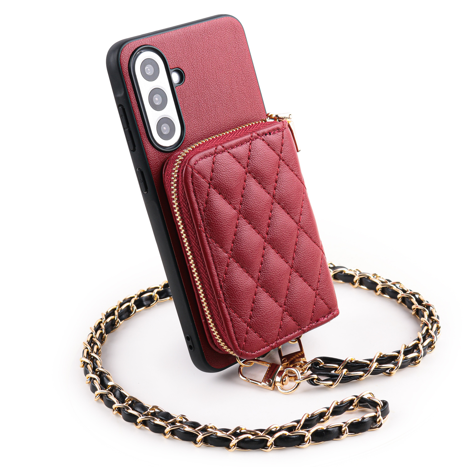 TEMU Phone Case: Fashionable Multi-functional Synthetic Leather Card Holder Case Metal Crossbody Long Chain For M17 F07 A17