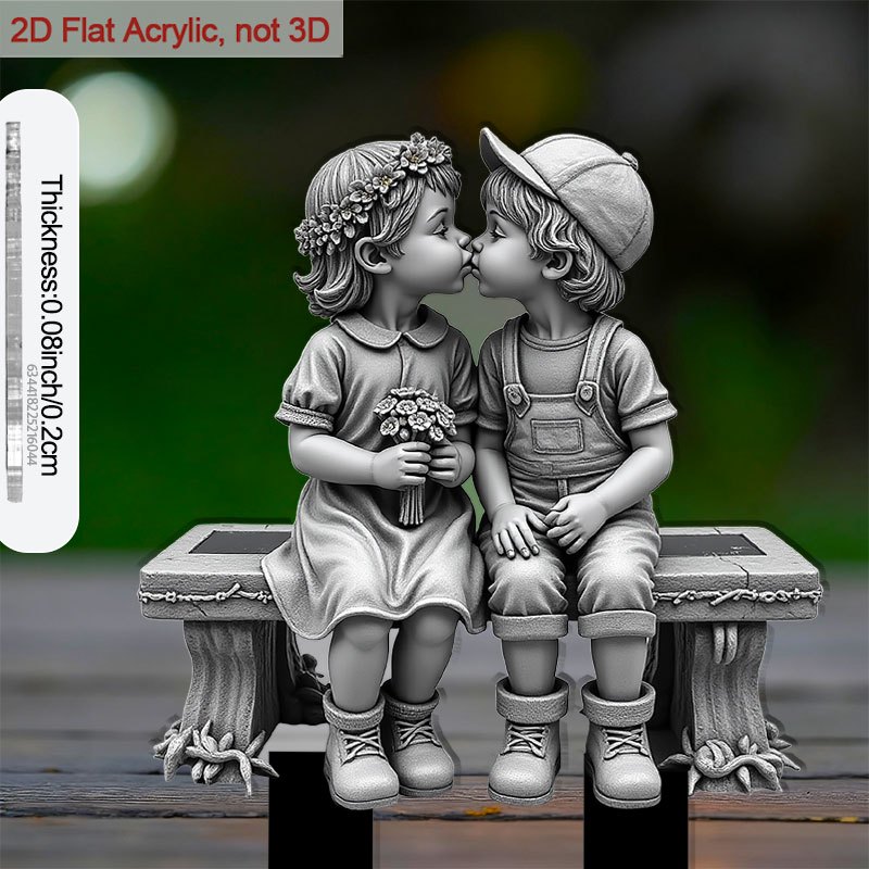 TEMU 2d Flat - 【2d Flat】 1pc 2d Flat Outdoor Acrylic Ground Decor For Gardens 2 Kids Kissing On Bench For Adorning Gardens With Flower Pot Ornaments,