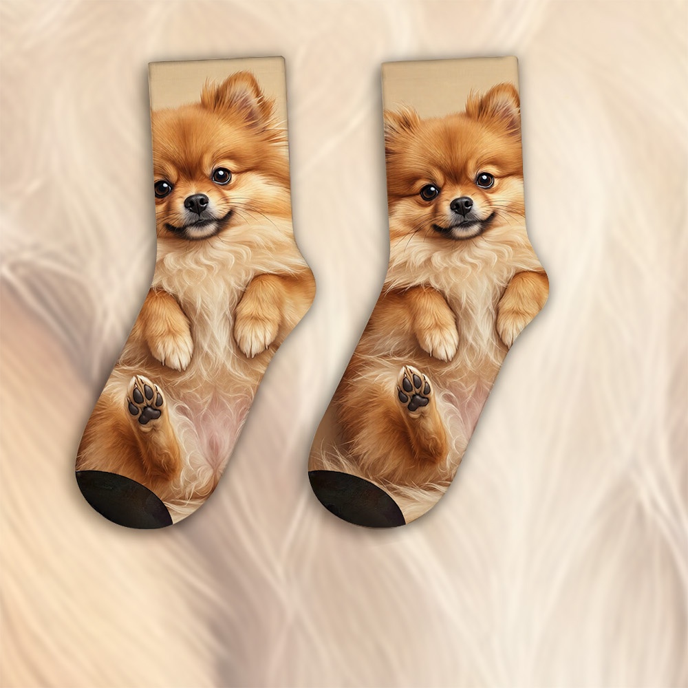 TEMU Une paire unique de chaussettes conçues avec un Pomeranian moelleux sur le dos pour femmes et hommes, chaussettes entièrement imprimées | Idéal
