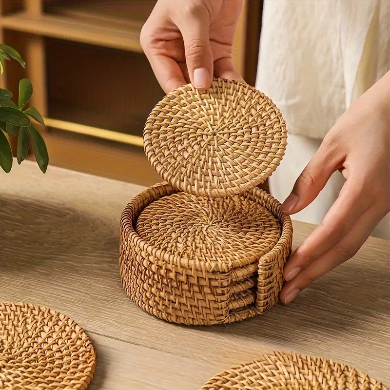 Set of 6 Handcrafted Rattan Coasters Plus 1 Woven Storage Accessory for Tea Sets, Designed for Gongfu Tea, Serving As an Insulation Pad And Heat-Resistant Kitchen Utensil Pad