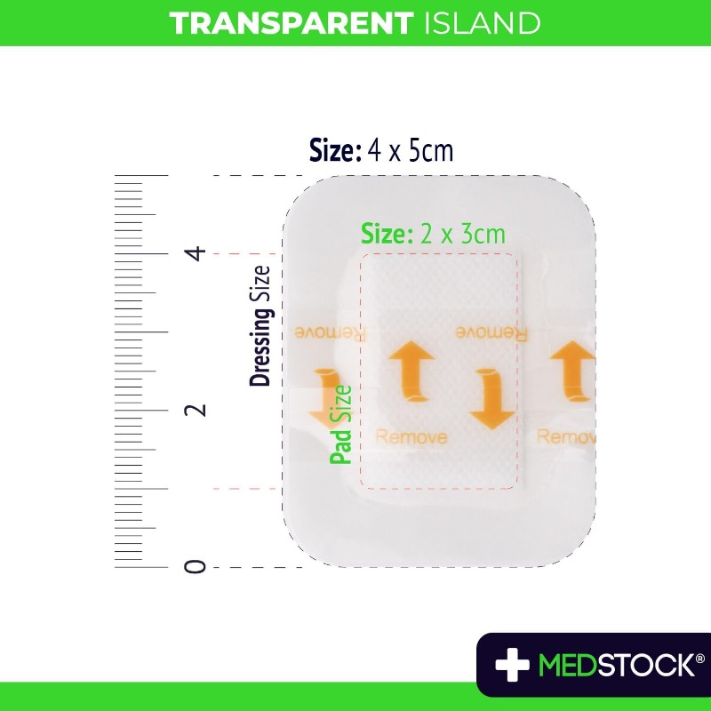 5pcs MEDSTOCK Transparent -Grade & Breathable Dressing Islands - 4cm x 5cm Individually Wrapped Adhesive Border Cover, 3-5 Day Wear Time, Low-Profile Design for to Major, Diabetic Foot Care, Lacerations, Cuts, Abrasions - Easy Application & Removal, Transparent & Comfortable for Healing, & Breathable Material