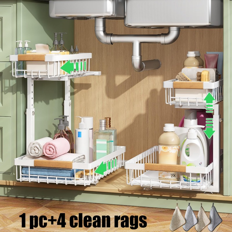 TEMU Organisateur sous évier 1/2 pièces avec 4 chiffons de nettoyage, rangement sous évier à 2 niveaux, étagère organisatrice d'armoire coulissante,