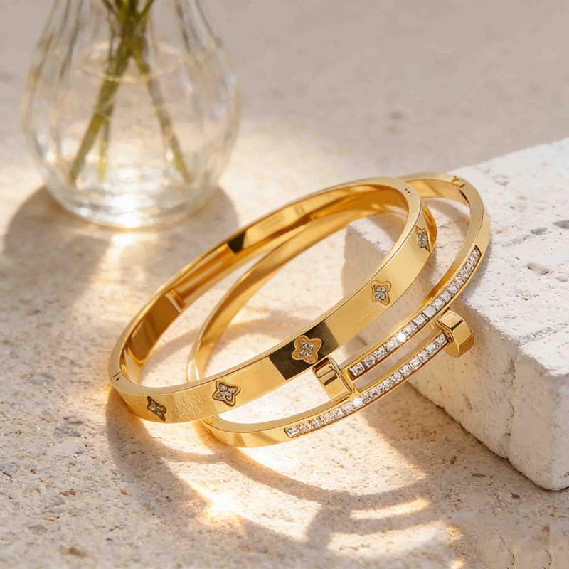 TEMU 2pcs Set, Fashionable 18k Gold-plated Stainless Steel Stud-shaped PavÃ© Bracelet, Niche Stud-style Clasp, Full-pave Setting, Waterproof,