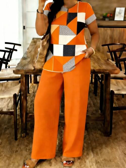 2pcs set womens orange geometric print top and wide leg pants casual bohemian style outfit for vacation streetwear fashion