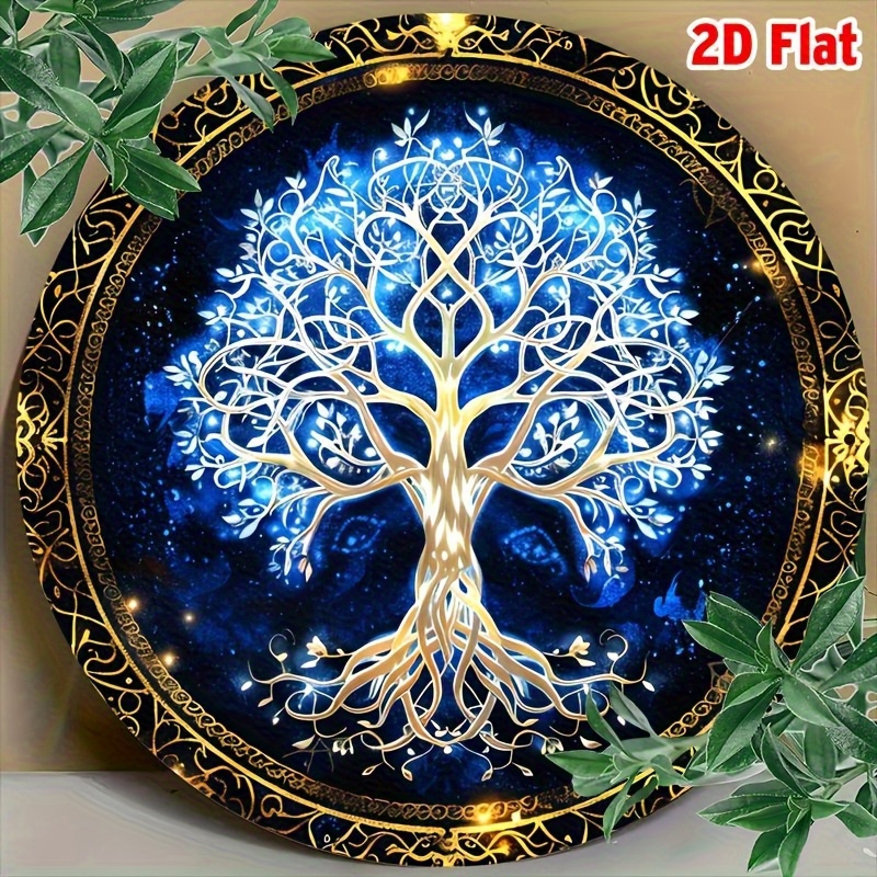TEMU 2D Plat, [2D Plat] Mandala Arbre de Vie en Aluminium Art Mural - 20,32 cm X 20,32 cm Enseigne Métallique Vintage avec Arbre Doré & Design Étoilé
