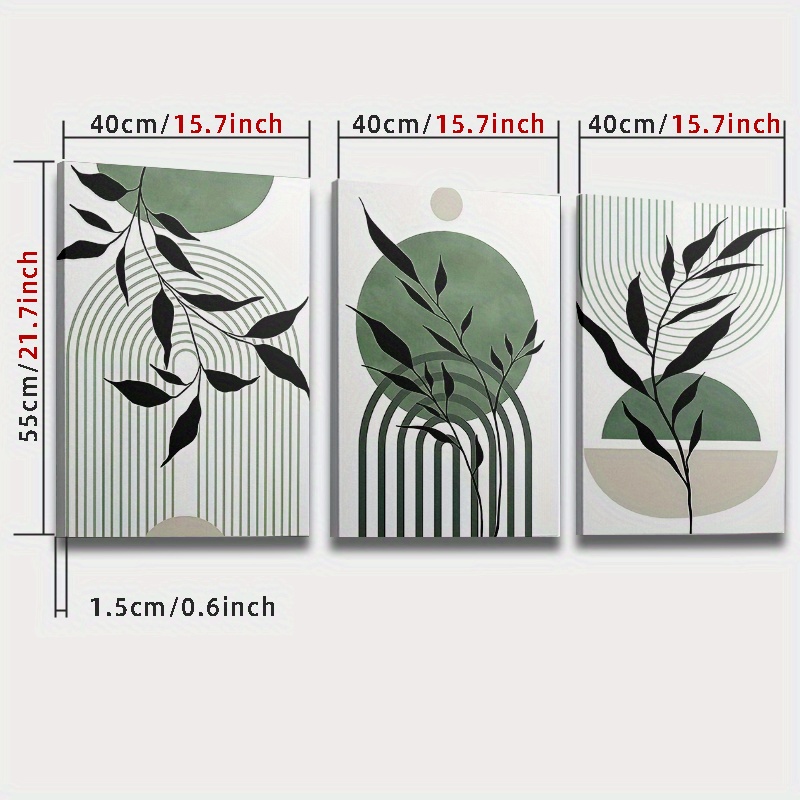E-shop 2D flache, 3 gerahmte Leinwandbilder und Poster, fertig zum Aufhängen, moderne einfache grüne abstrakte Linienkunst, Bohemian-Stil,