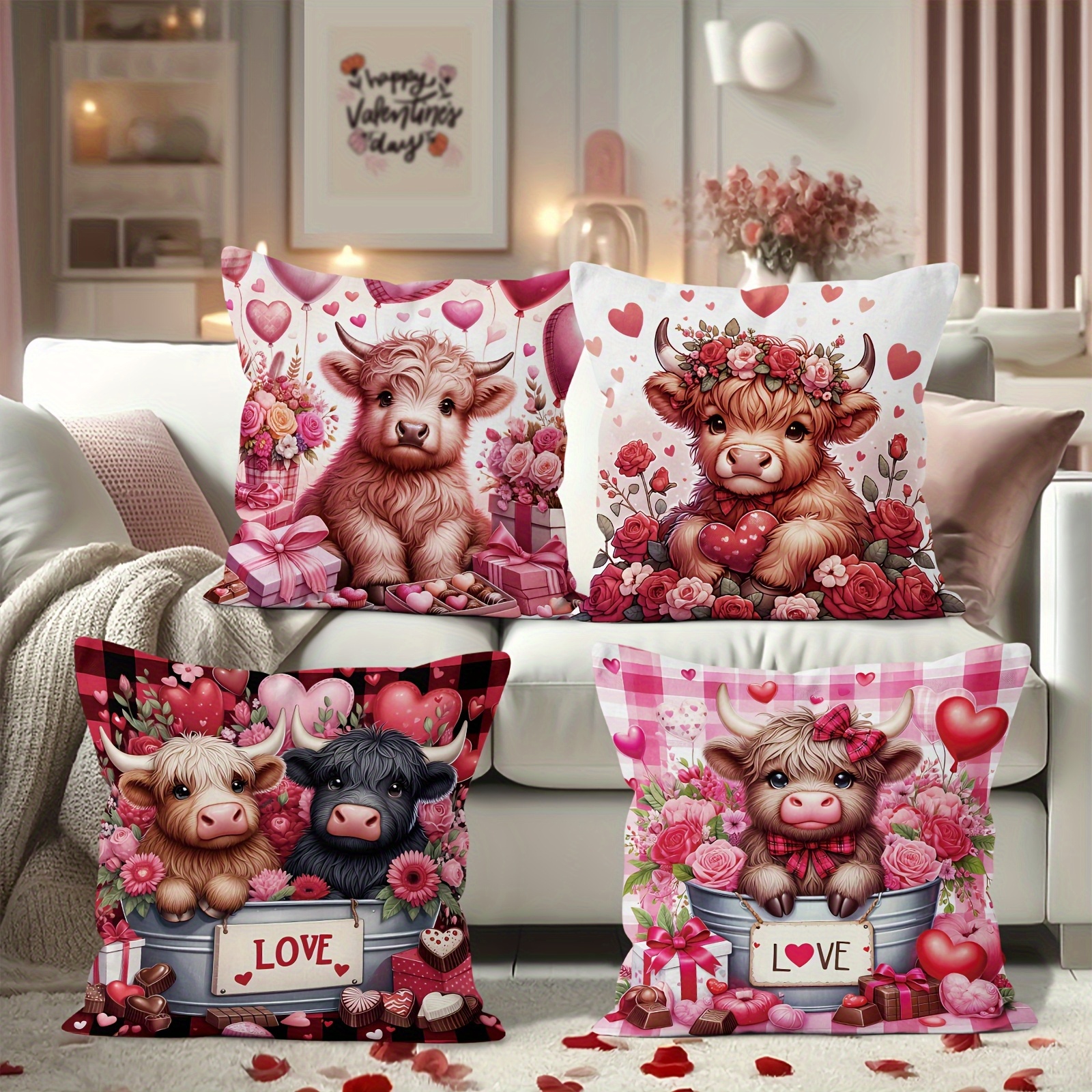 

4pcs Valentine's Day Highland Cow Throw Pillow Covers Set, 18"x18", Decorative Cushion Cases With & , Zippered, Machine Washable Polyester - Sofa, Bedroom & Party Decor (inserts Not Included)