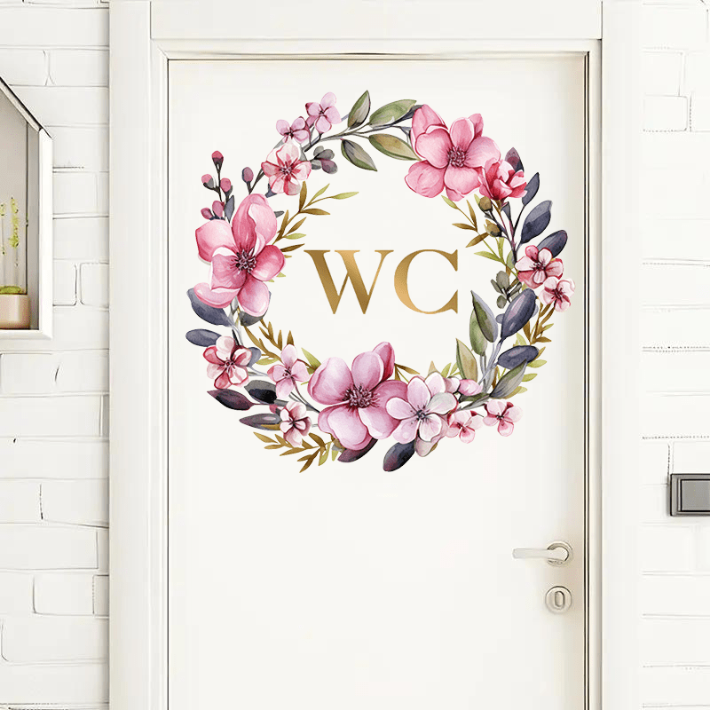 Image of 1pc Floral Wreath With Golden - Lettered Wc In Toilet Lid Stickers, Suitable For Home Decoration And Bathroom Decoration Stickers, Interesting Toilet Door Decorations, Wall Decorations.