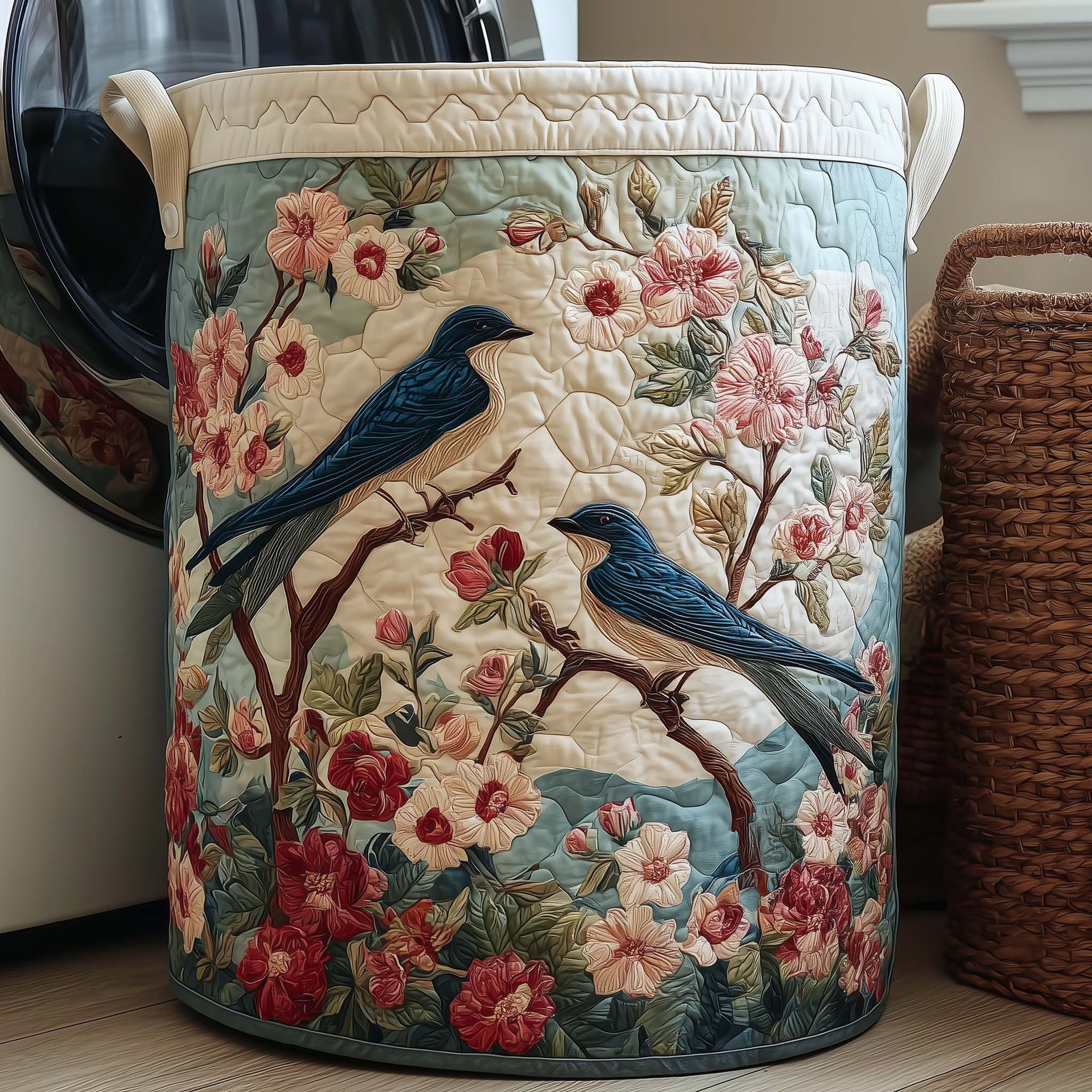 Quilted Laundry Basket With Swallow And Flower Print Bohemian Style Large Capacity Foldable Hamper With Handles Fabric Storage Basket For Bedroom Bathroom Home Use, Laundry Baskets