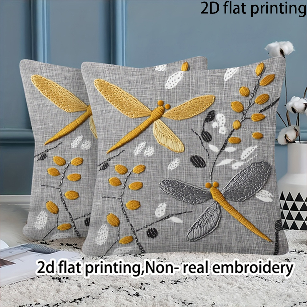 E-shop 2D Flach - 2er-Set Grauer Hintergrund Gelber Libellen-Kissenbezug, Nicht-Realistische Stickerei Super Exquisit, Bürostuhl