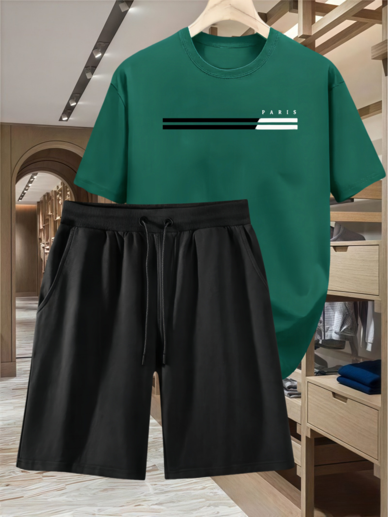 Two-Piece Casual Sports Set Featuring a Loose-Fitting Round-Neck Digital Print T-Shirt And Drawstring Shorts, Suitable for Both Men And Women, Perfect for Summer Beach Activities.