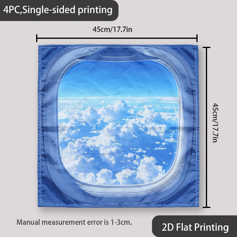 TEMU 2d Flat Printing 4pcs Cloth Napkin With Realistic Aircraft Window Sky Clouds Pattern, Ideal For Dinner Decorations, Home Holiday Styling,