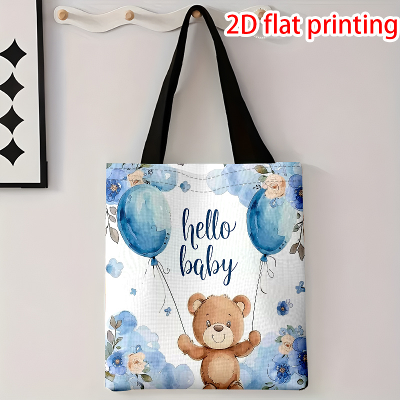 TEMU 1pc Large Reusable Christening Tote Bag With Teddy Bear & Hello Print - Suitable For Commuting, Stroller Shopping, Decor, Gift, Neutral Unisex