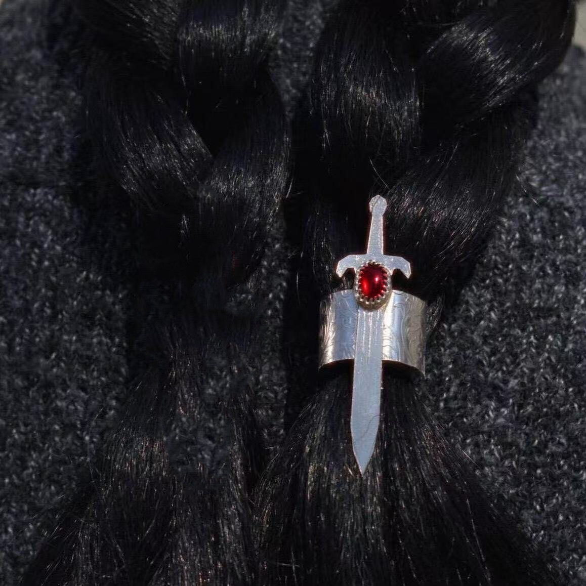 TEMU 1pc Dark Gothic Style Silvery Sword Hair Clip With Red Inlay, Open-end Diy Hair Tie, Unisex, Niche Braiding Accessory, Cosplay Anime Hairpin
