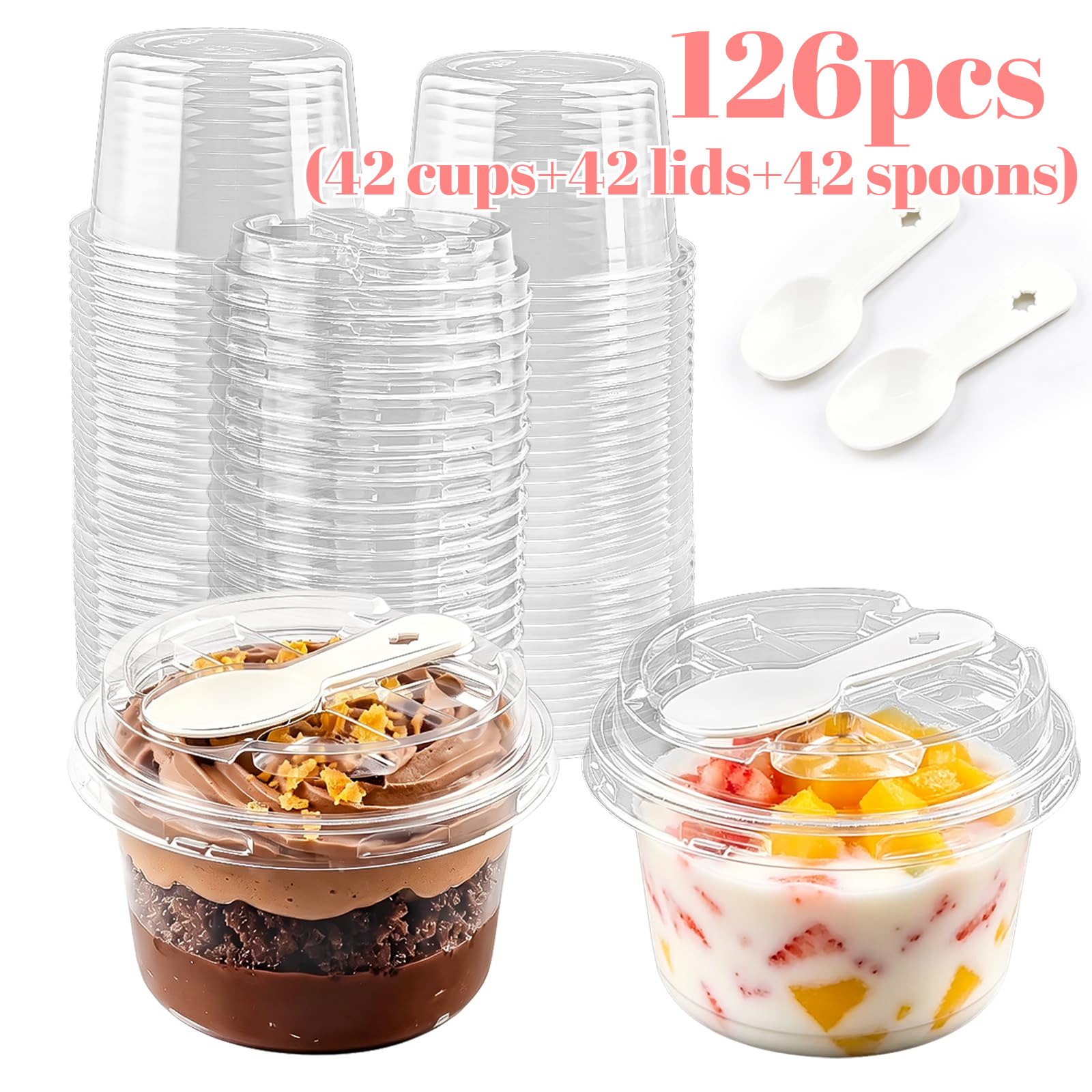 TEMU 126 piezas de vasos de plástico transparente con tapas y cucharas, para helado, yogur, pudín - Recipientes de postre apilables con ranura para
