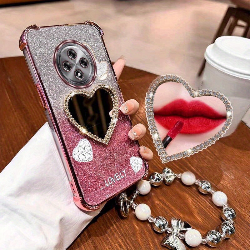 TEMU Phone Case: Wrist Strap Magnetic Heart Mirror Phone Holder Case On For Oppo Reno 12f Opporeno12f Anti-knock Shock Proof Stand Back Cover