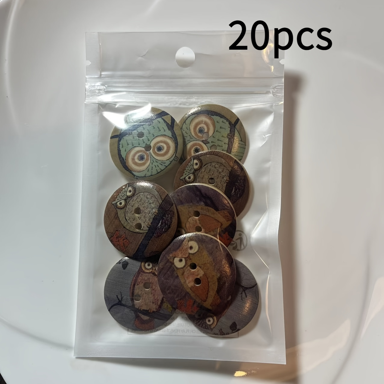Image of A Set Of 20 Cartoon Owl Wooden Buttons, Featuring 2 Holes And A Round Shape, Perfect For Sweaters, Hats, Diy Crafts, And Decorations, With Of Designs And Colors.