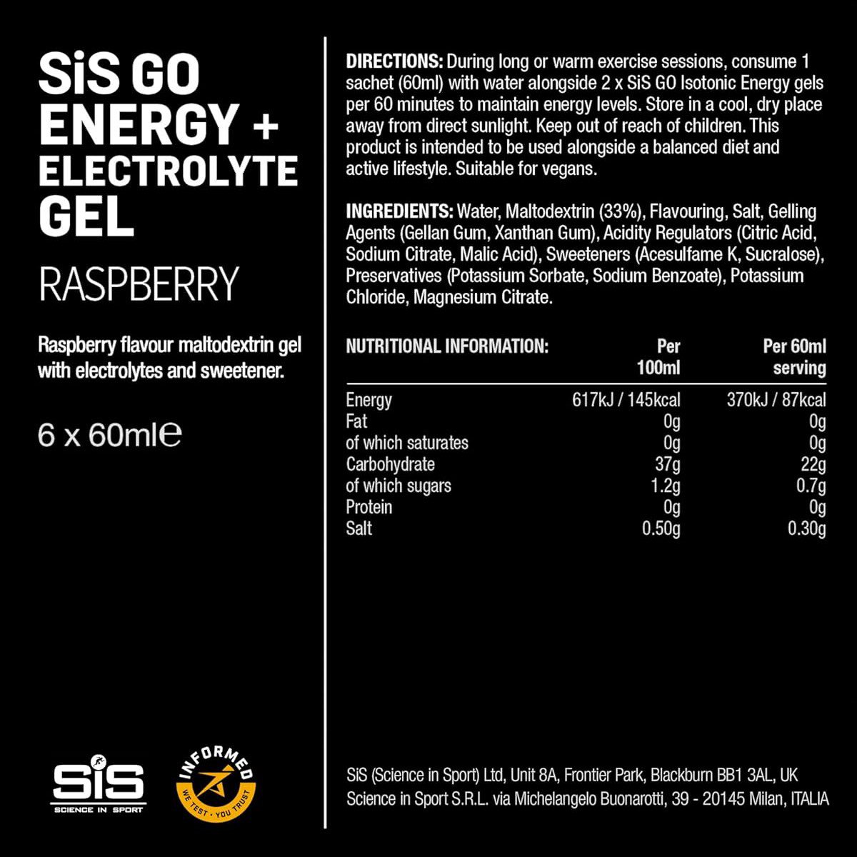 SIS Go Isotonic Energy Gel with Electrolytes- Nutrition Gel Supports Performance and Hydration for Running and Cycling- Raspberry Flavour, 60ml, Pack of 6