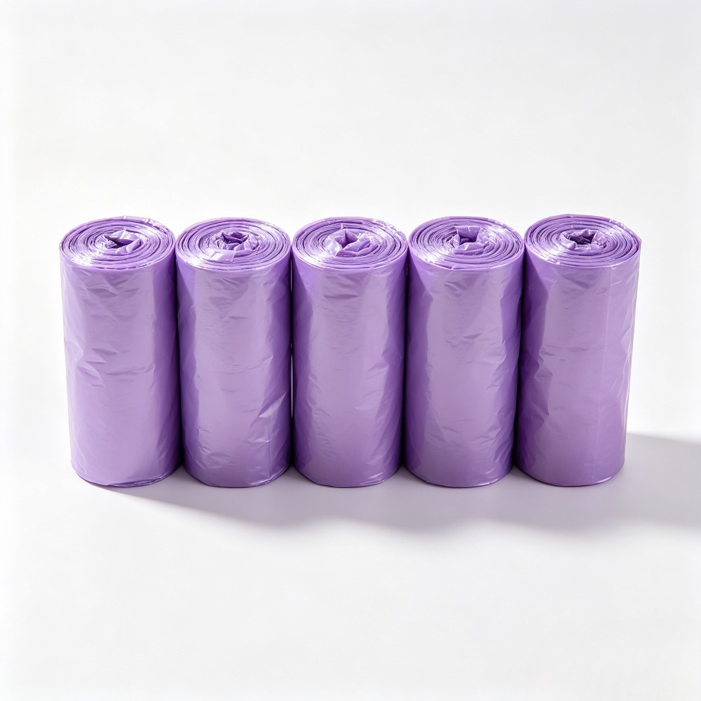 TEMU 5-roll Pack Of 50 Purple Portable Trash Bags - Suitable For Various Such As Bathrooms, Outdoors, Kitchens, Restaurants, And Hotels - Easy- -