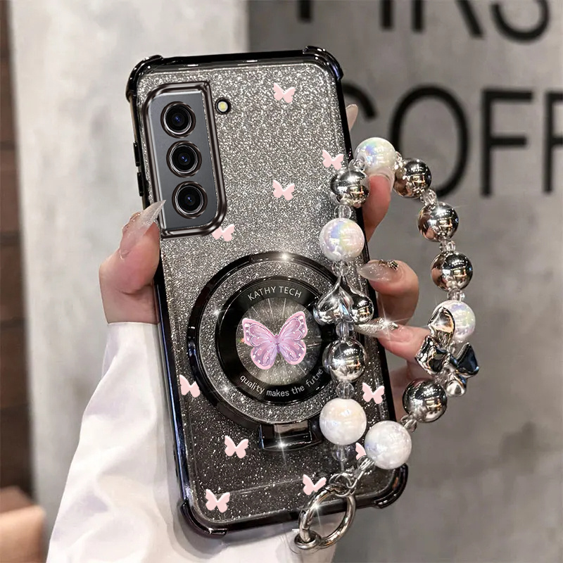 TEMU Étui téléphone : Luxe Papillon Perle Bracelet Magnétique Pailleté Support Téléphone pour Galaxy S21 Fe GalaxyS21Fe 5G Antichoc -chute Support
