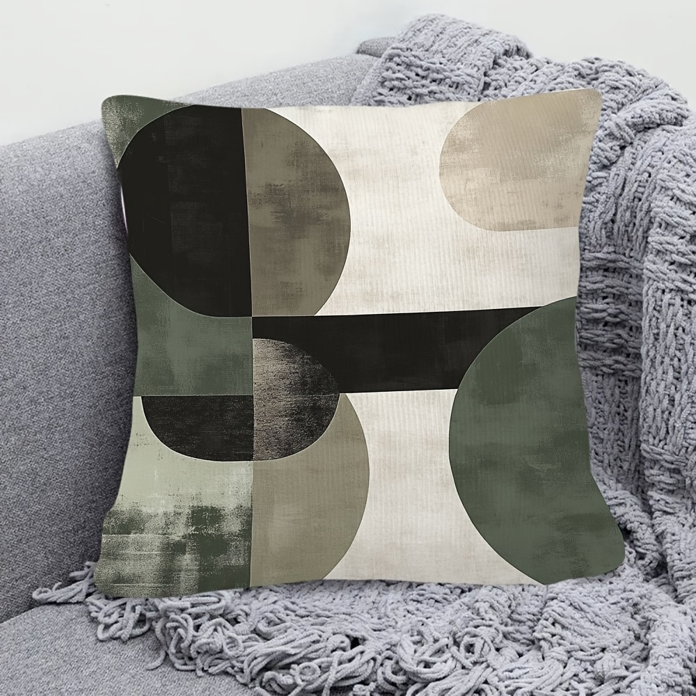 TEMU 2d Flat - 1pc Soft Pillowcase, 2d Flat Plush Print, Mid-century Modern Abstract , Olive Green, Beige, And Black Square Pillow Cover, Palette.