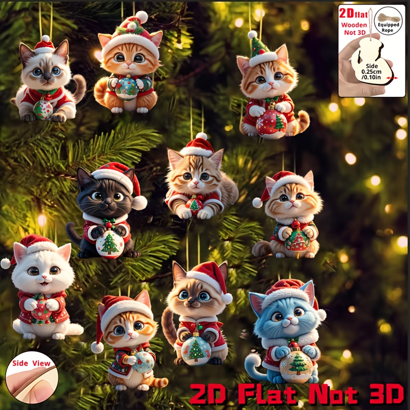 TEMU 2d Flat, 10pcs Set Of 2d Flat Christmas Cute Kitten Wooden Ornaments, "2d Flat, Not 3d" Holiday Diy Christmas Ornament Set, Wooden Ornaments,