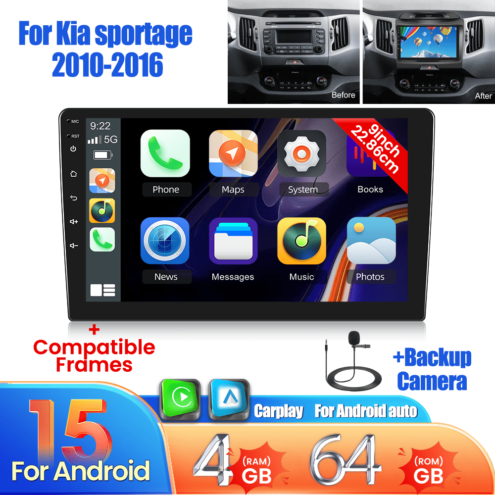 15 Radio za Kia 2010-2016, 9-palčni zaslon na dotik z CarPlay, Auto brezžično, WiFi, FM, mikrofon in AHD vzvratna kamera [4GB+64GB]