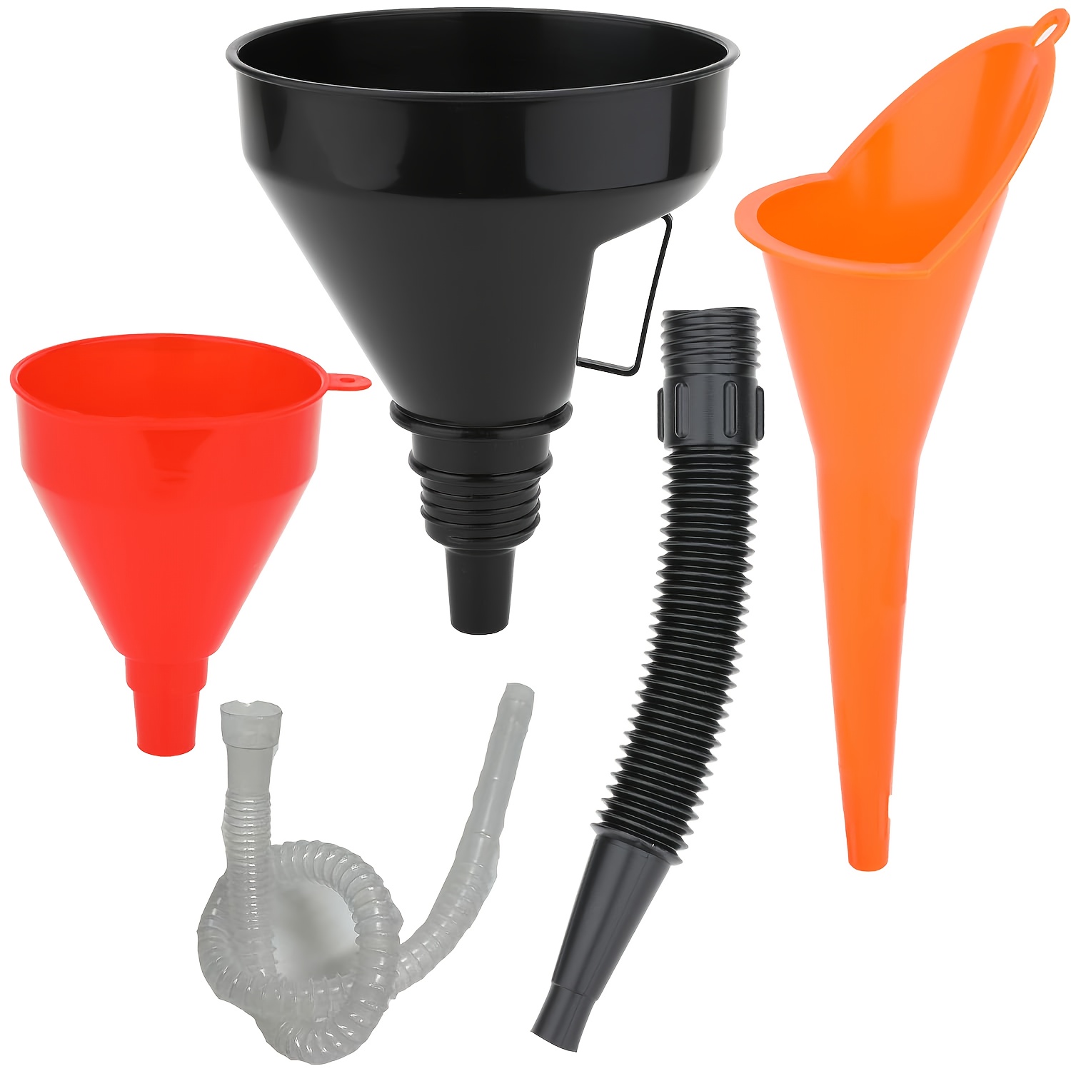 TEMU 5pcs Set Of Fuel Funnels For Automobiles And Motorcycles, Designed With Right-angled Elbows, Equipped With Detachable Guide Nozzles And Filter