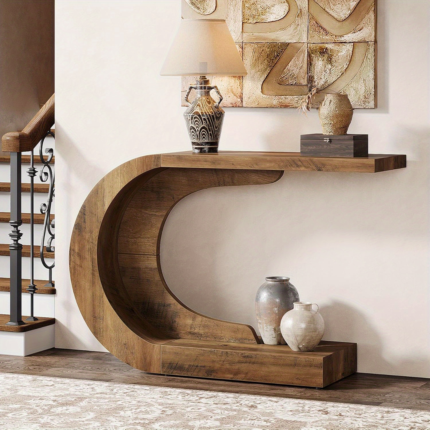 E-shop 43.3" Mid-Century Modern C-förmiger Konsolentisch - Eingangstisch aus Holzwerkstoff mit Rustikalem Braunen Finish, Leicht zu Montierender