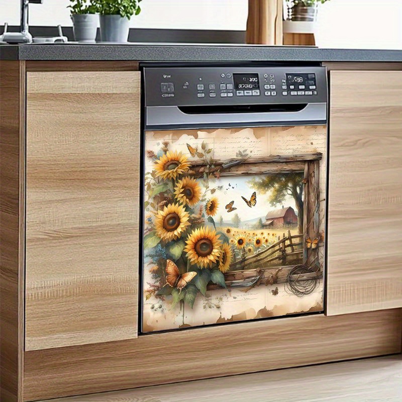 A 2d Flat Pattern Sticker Featuring Sunflowers And Butterflies, Perfect For Decorating Such As Dishwashers, Washing Machines, Refrigerators, Cabinets, Doors, Bedrooms, Kitchens, Offices, And More