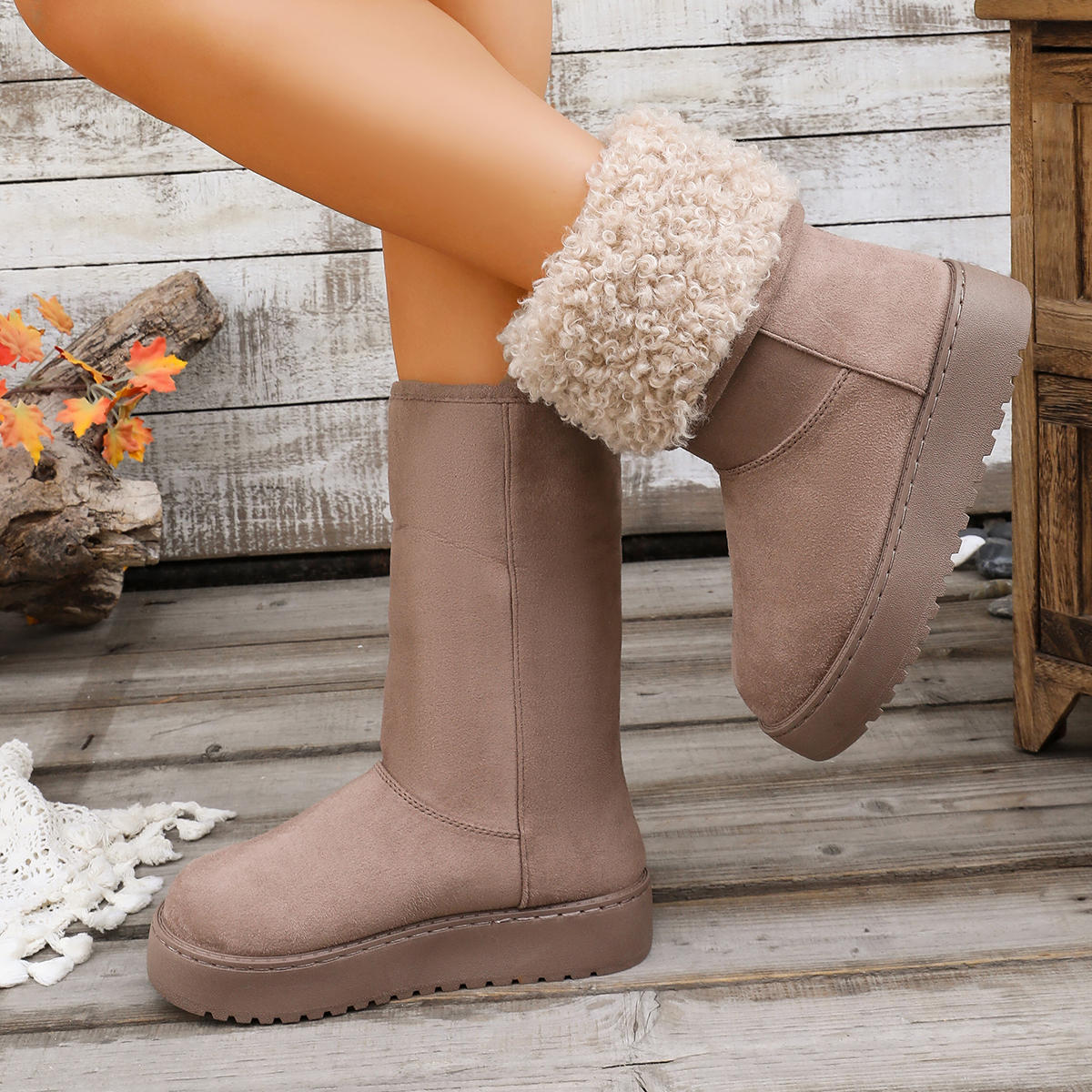 TEMU Zosivc Foldable Plush Trim Platform Mid-calf Boots Autumn Winter Outdoor Warm Versatile Height-increasing Women's Shoes