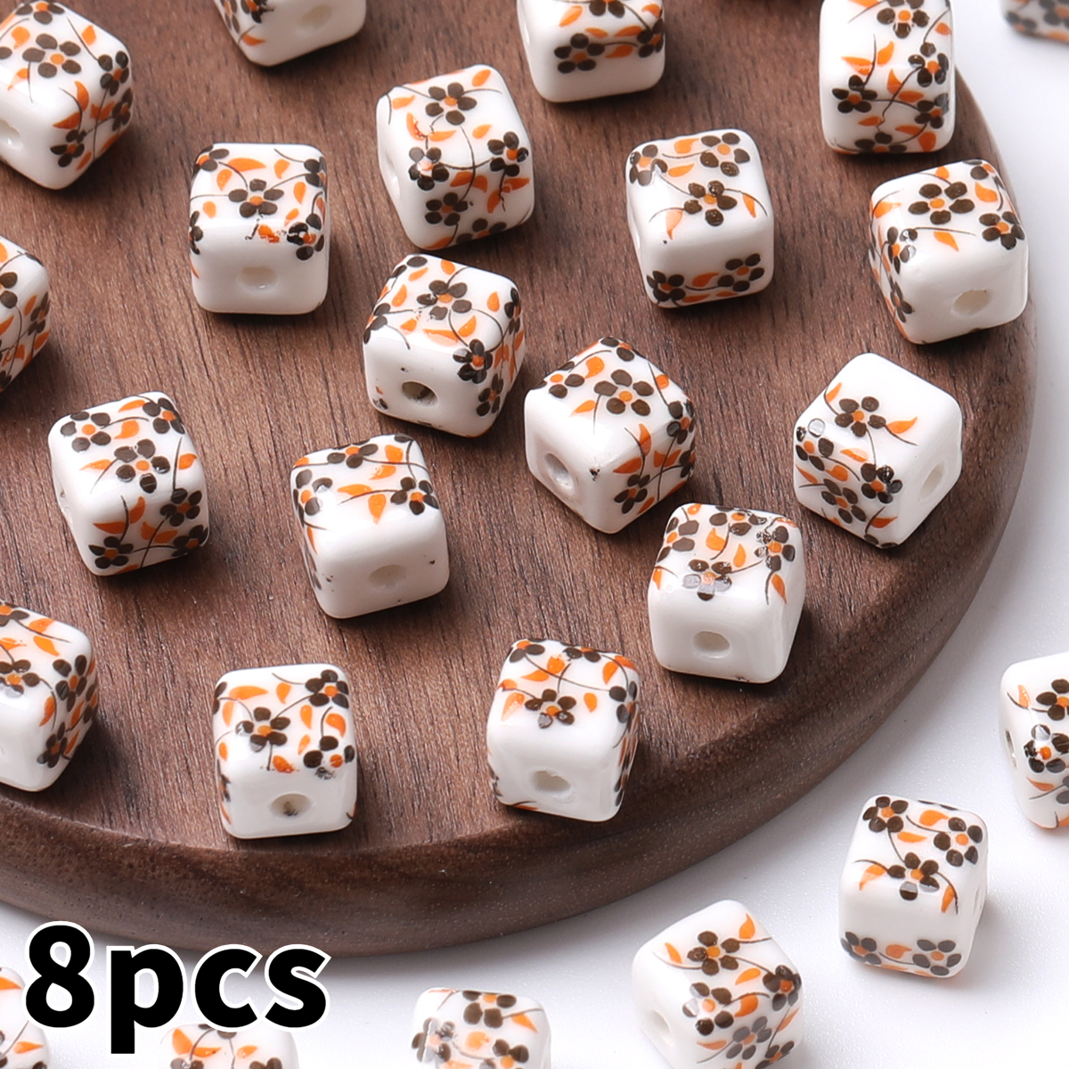 8pcs/16pcs Cube Printed Flowers Glazed Square Ceramic Beads for DIY Jewellery