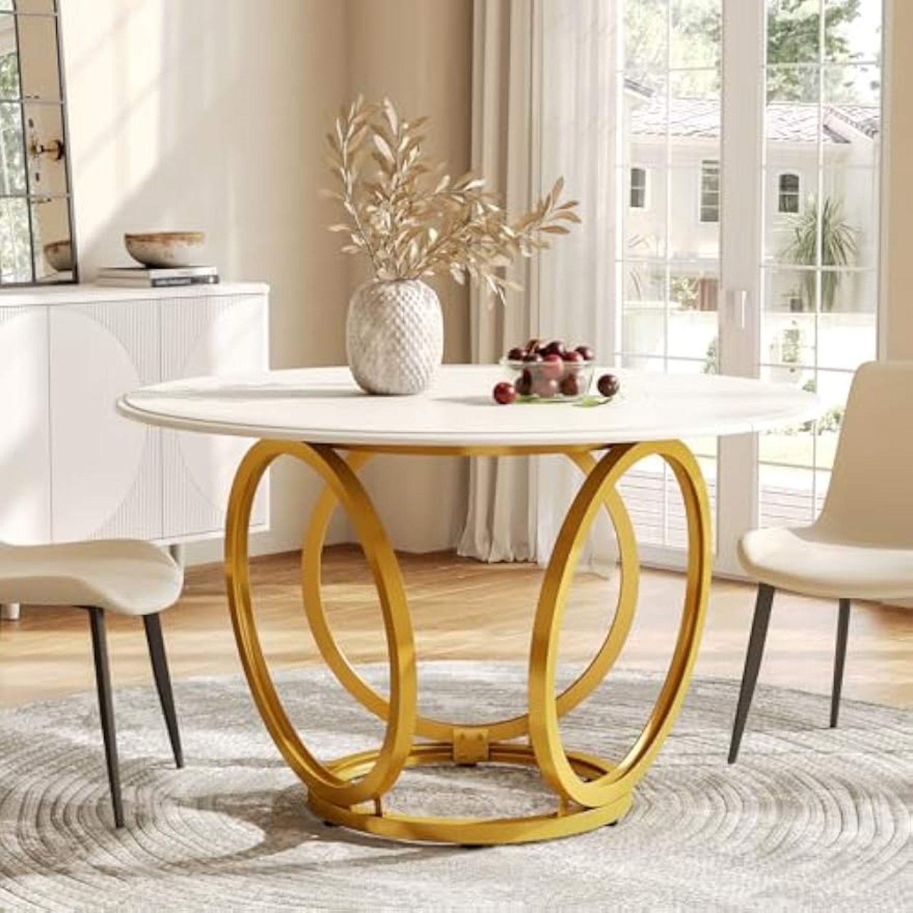 A Modern Round Dining Table Designed For 4 People, Measuring 47 Inches, Featuring A White Top And A , Perfect For A Cozy Or Small Apartments
