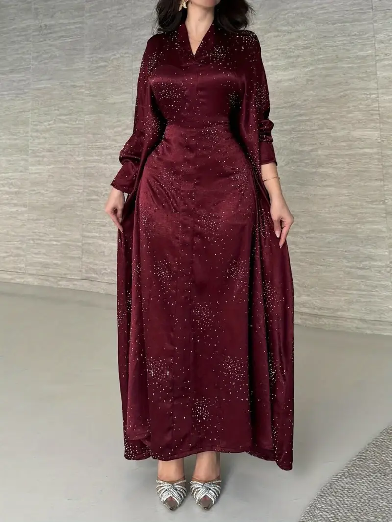 elegant long sleeve abaya dress with sparkling shoulder sequins modest muslim womens burgundy traditional robe floor length non stretch fabric for spring summer hand clean muslim dress Product details 2