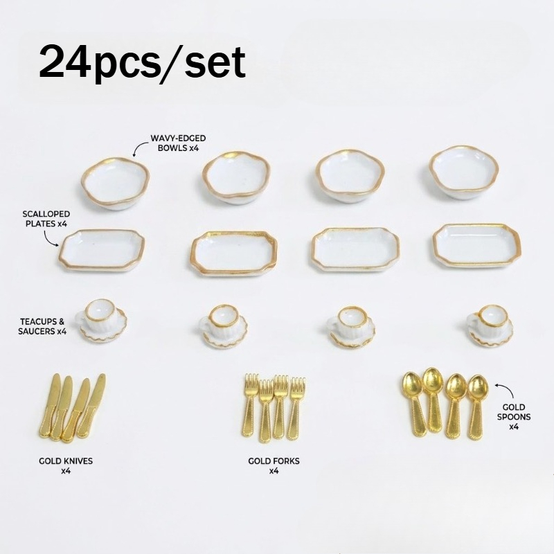 TEMU 24pcs/Set Mini Desserte de Couverts de Simulation pour Maison de Poupée, Ensemble de Tasses à Café, Objets de Décoration. Convient pour la