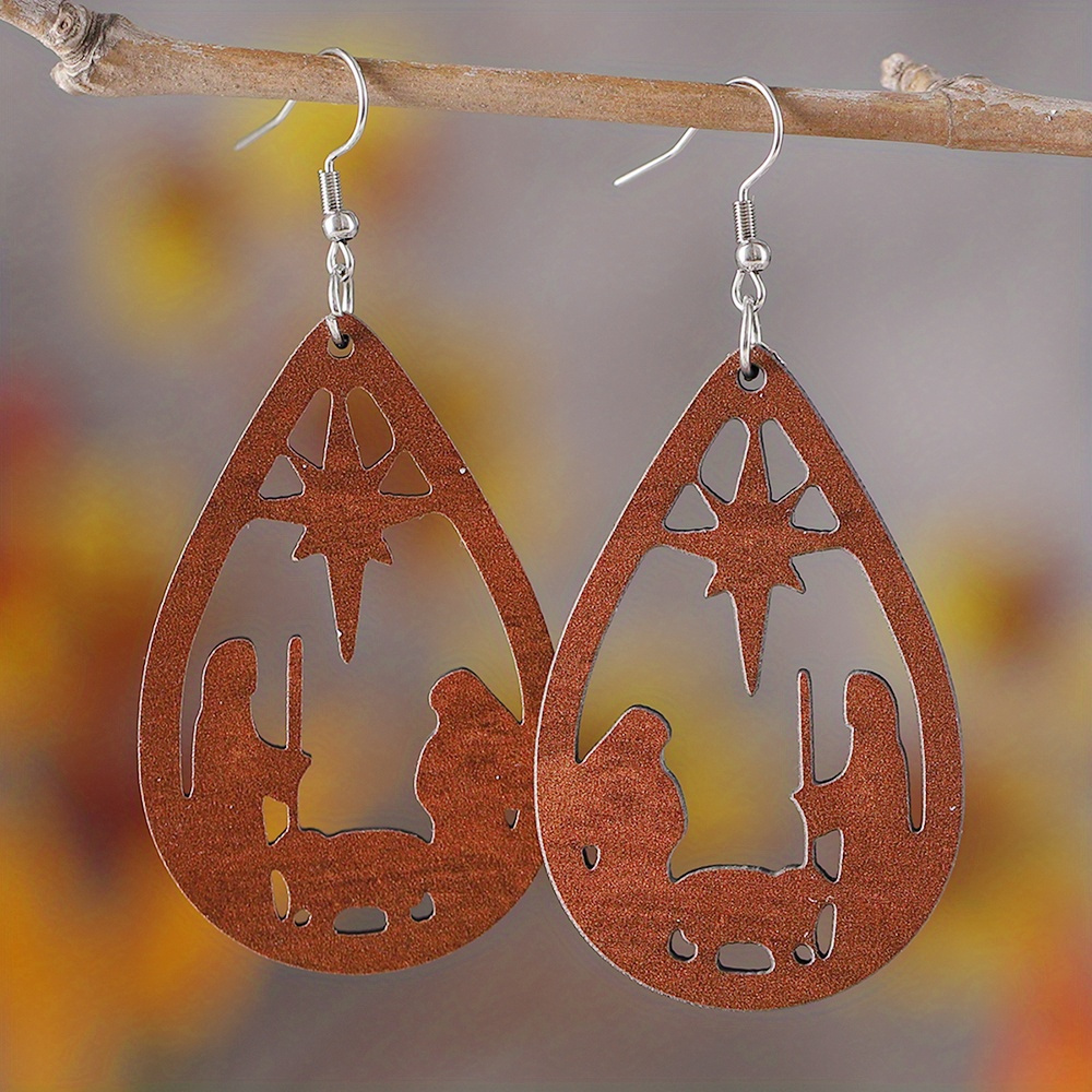 TEMU A Pair Of Vintage " Of " Christmas Day Teardrop Cut-out Pendant Earrings For Women, Wooden Double-sided Christmas And Easter Earrings Gift