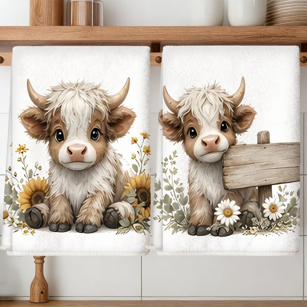 TEMU 2pcs Kitchen Towels, Soft Absorbent Microfiber Tea Towels, Decorative Housewarming/birthday Gifts For Mom, , Neighbors, Highland Cow Floral Tea