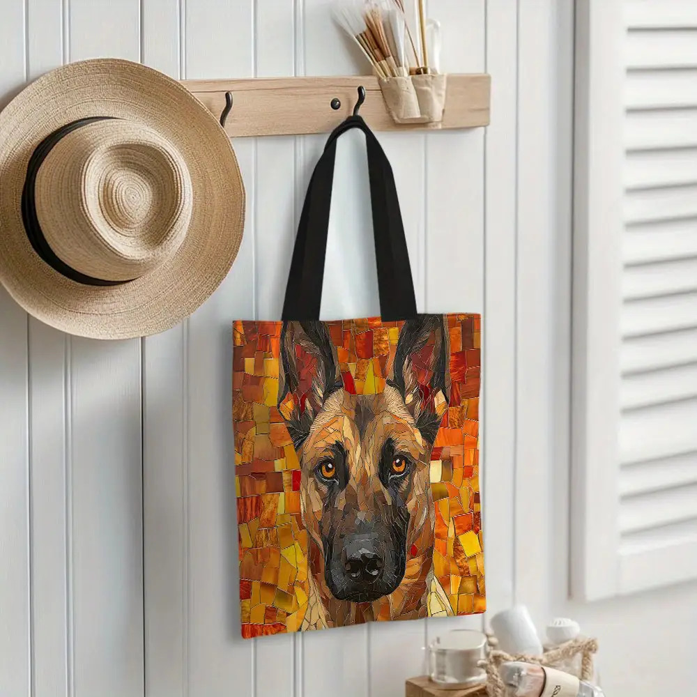 TEMU 1pc Women's Belgian Malinois Tote Bag - Double-sided Mosaic Dog Portrait With German Shepherd-like Face, Durable Canvas Shoulder Bag For Travel,